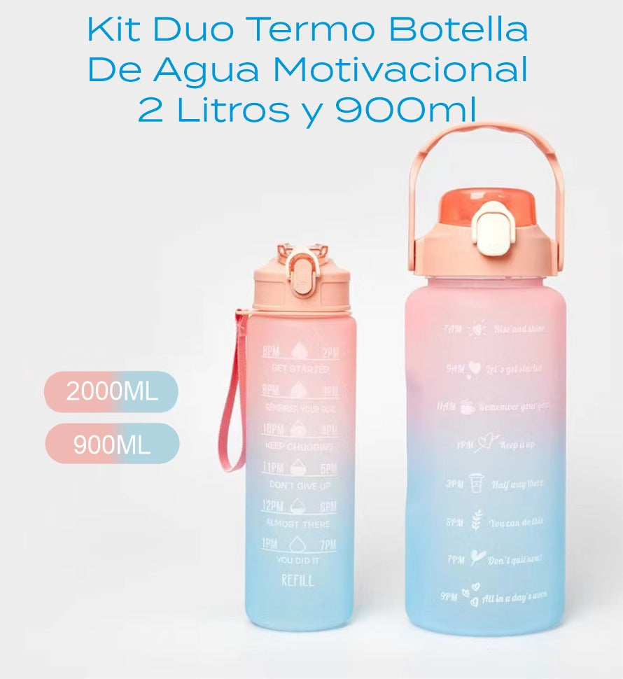 KIT DUO TERMO BOTELLA DE AGUA MOTIVACIONAL 2 LITROS Y 900ML LIBRE BPA CON STICKERS 3D