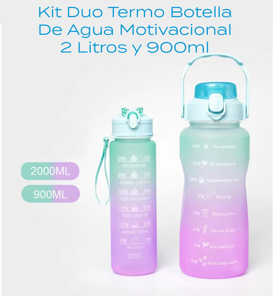 KIT DUO TERMO BOTELLA DE AGUA MOTIVACIONAL 2 LITROS Y 900ML LIBRE BPA CON STICKERS 3D