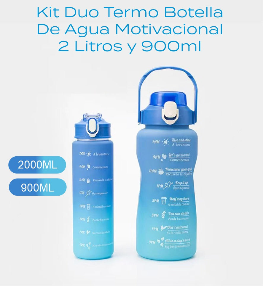 KIT DUO TERMO BOTELLA DE AGUA MOTIVACIONAL 2 LITROS Y 900ML LIBRE BPA CON STICKERS 3D