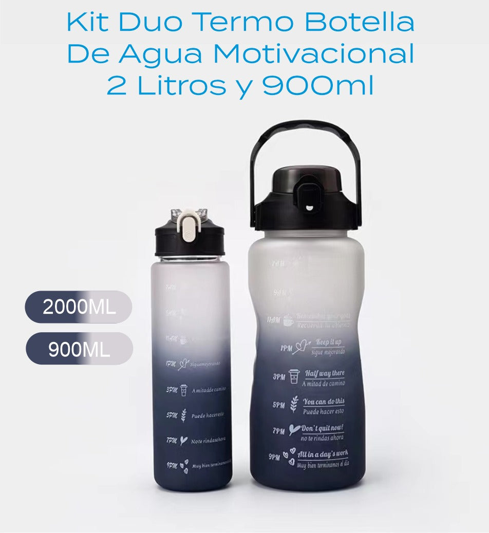 KIT DUO TERMO BOTELLA DE AGUA MOTIVACIONAL 2 LITROS Y 900ML LIBRE BPA CON STICKERS 3D